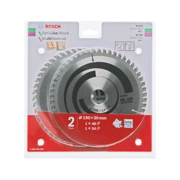 Bosch Piła Tarczowa Dwupak Optiline Wood 190x2,6/1,6x30x48z + Multi Material 190x2,4/1,8x30x54z B2608644655