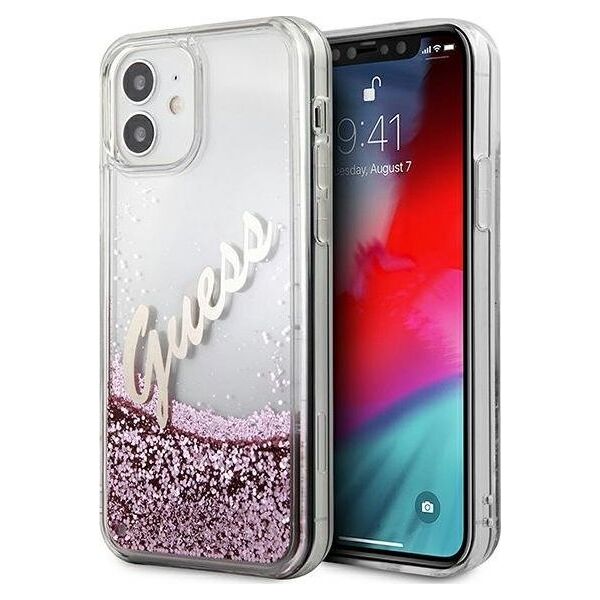 Guess Etui Guess GUHCP12SGLVSPI Apple iPhone 12 mini różowy/pink hardcase Glitter Vintage Script