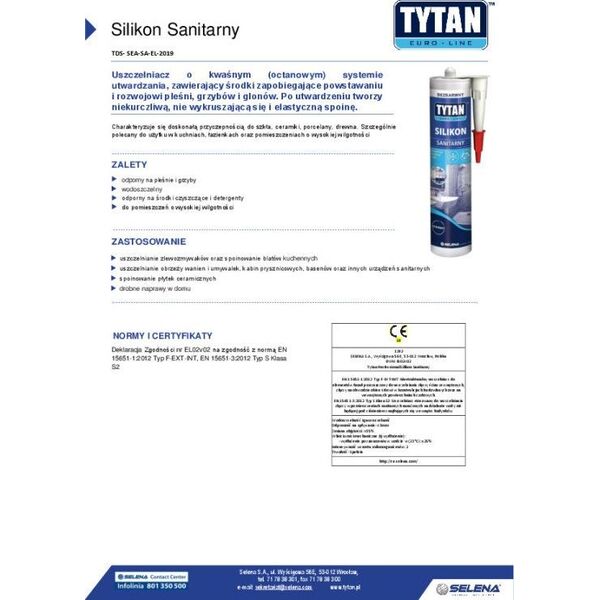 Tytan SILIKON SANITARNY EURO-LINE 280ML BIAŁY