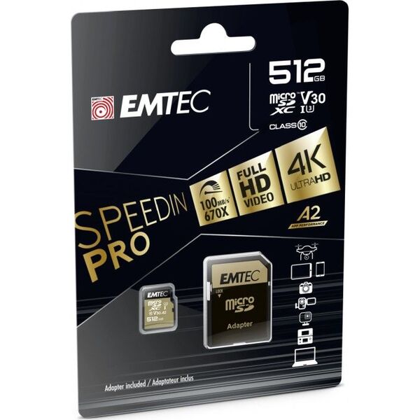 Karta Emtec Speedin Pro MicroSDXC 512 GB Class 10 UHS-I/U3 A2 V30 (ECMSDM512GXC10SP)