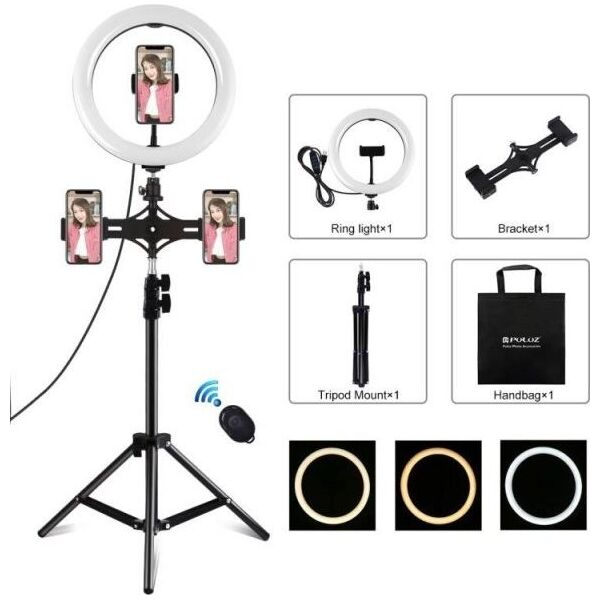 Lampa pierścieniowa Puluz PKT3070B LED 26 cm ze statywem i mocowanie do smartfona