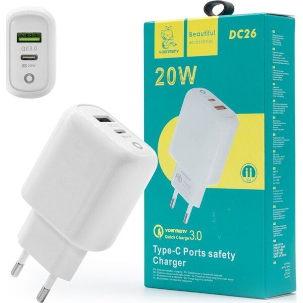 Φορτιστής . DENMEN ΔΙΠΛΟ USB + ΦΟΡΤΙΣΤΗΣ USB-C 40W DC26 14172095 6973224878042