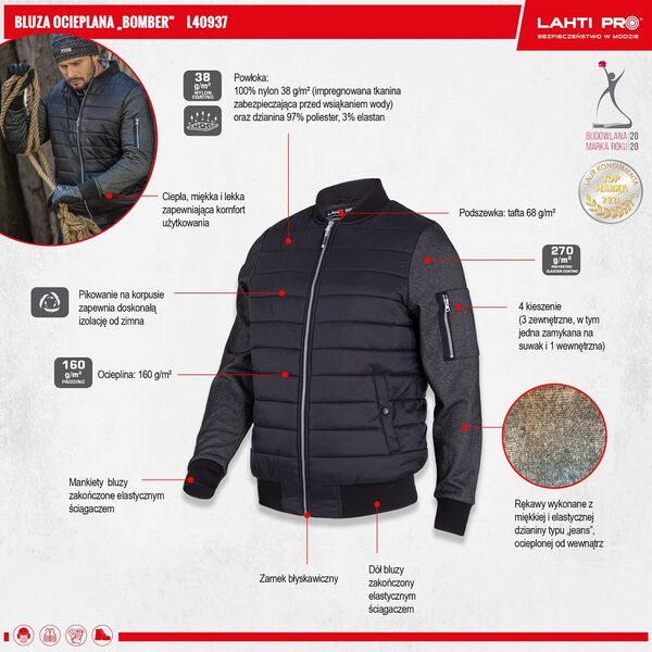 Lahti Pro BLUZA OCIEPLANA "BOMBER" CZARNA,"XL", CE, LAHTI