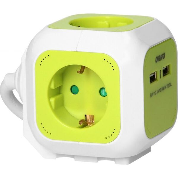 Orno Przedłużacz Kostka 4-krotny(Schuko) z ładowarką 2xUSB 1,4m limonkowy