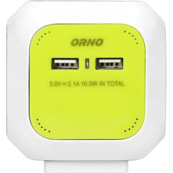 Orno Przedłużacz Kostka 4-krotny(Schuko) z ładowarką 2xUSB 1,4m limonkowy