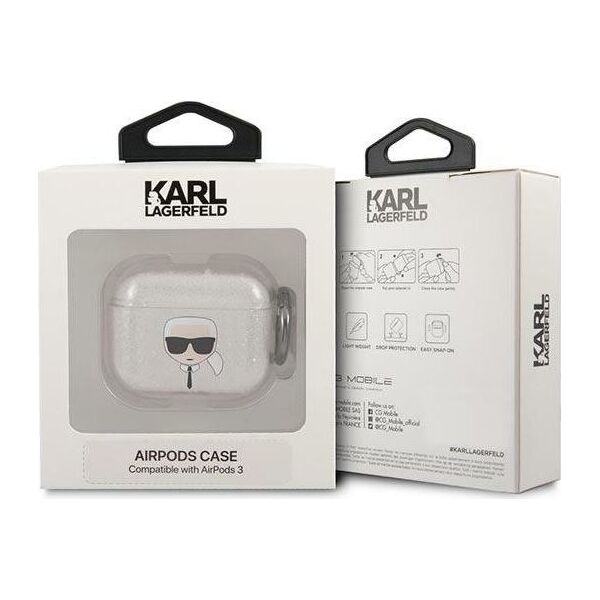 Karl Lagerfeld Etui ochronne KLA3UKHGS Glitter Karl`s Head do AirPods 3 srebrne