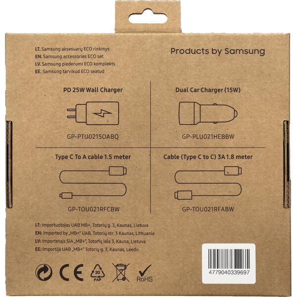 Ładowarka Samsung Samsung Charger set zestaw ładowarka samochodowa 15W, ładowarka sieciowa 25W, kabel USB - USB Typ C 1,5m, kabel USB Typ C 1,8m 3A (eco pack) czarny
