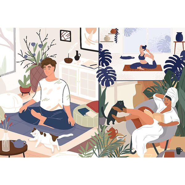 Trefl Puzzle 1000 Peace of Mind Unlimited Fit Technology, yogą, kawą i kotkami zatytułowany