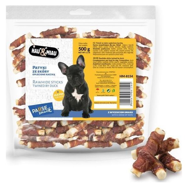 Hau&Miau Pausesnack przysmak dla psa, patyki ze skóry oplecione kaczką 500g