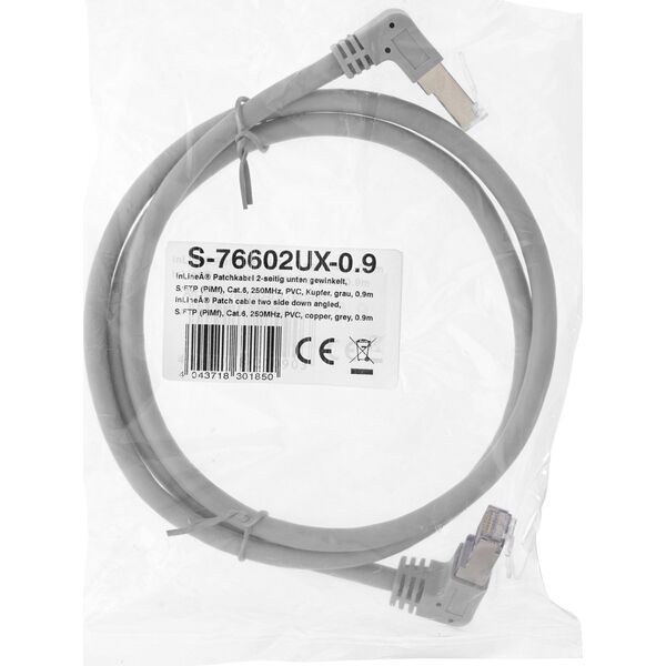 InLine InLine® Patch cable two side down angled, S/FTP (PiMf), Cat.6, 250MHz, PVC, copper, grey, 1.1m