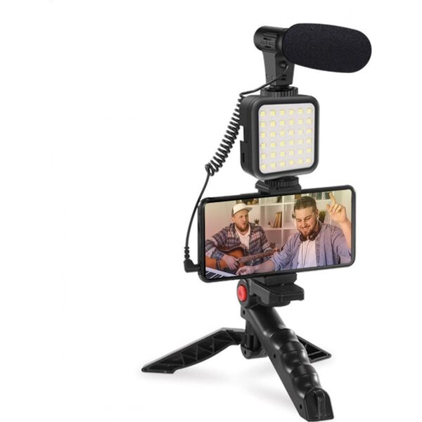 Podstawka Platinet PLATINET VLOG 4 IN 1 SET ZESTAW DO PROWADZENIA VLOGÓW 4 W 1 MICROPHONE LIGHT PHONE HOLDER ON A TRIPOD + 3 5 JACK TO USB C ADAPTER [45596]