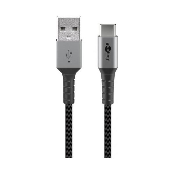 Goobay Kabel tekstylny USB-C na USB-A z metalowymi wtyczkami (szary / srebrny) 2 m - Długość kabla 2 m