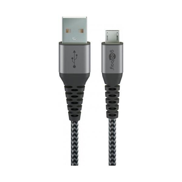 Goobay Kabel tekstylny Micro USB na USB-A z metalowymi wtyczkami ( szary / srebrny) 2 m - Długość kabla 2 m