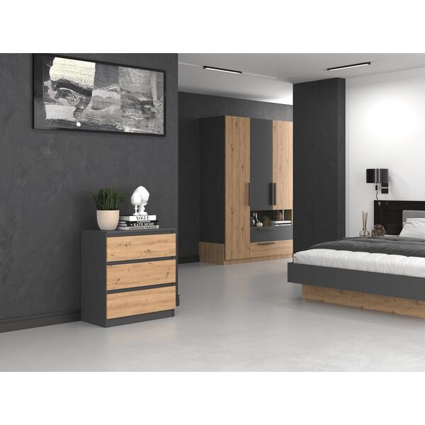 Topeshop KOMODA SZAFKA REGAŁ 3 SZUFLADY M3 ANTRACYT / DĄB ARTISAN