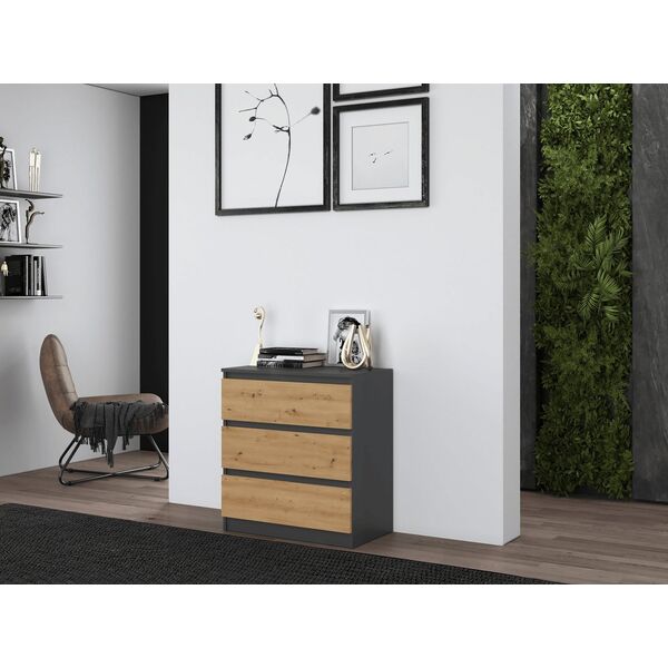 Topeshop KOMODA SZAFKA REGAŁ 3 SZUFLADY M3 ANTRACYT / DĄB ARTISAN