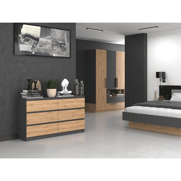 Topeshop Komoda Malwa 6 szuflad M6 140 - antracyt/dąb artisan