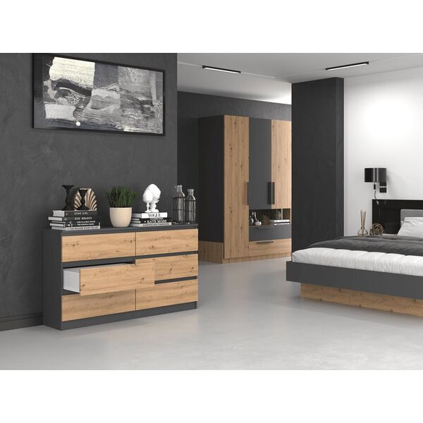 Topeshop Komoda Malwa 6 szuflad M6 140 - antracyt/dąb artisan