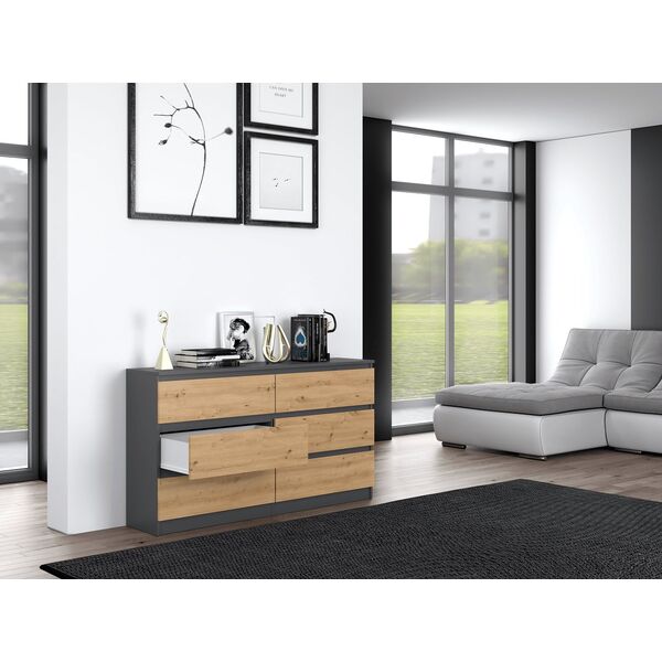 Topeshop Komoda Malwa 6 szuflad M6 140 - antracyt/dąb artisan