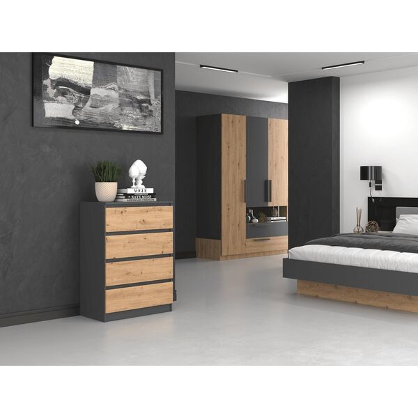 Topeshop KOMODA SZAFKA REGAŁ 4 SZUFLADY M4 ANTRACYT / DĄB ARTISAN