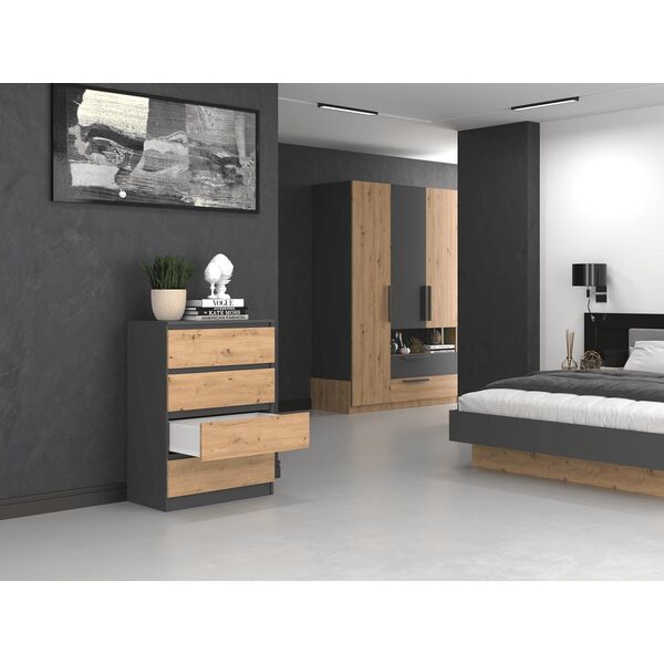 Topeshop KOMODA SZAFKA REGAŁ 4 SZUFLADY M4 ANTRACYT / DĄB ARTISAN