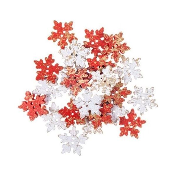 Dalprint Drewniane guziki DPCRAFT śnieżynki 2, 5 cm, 24 szt., czerwone/białe złocone