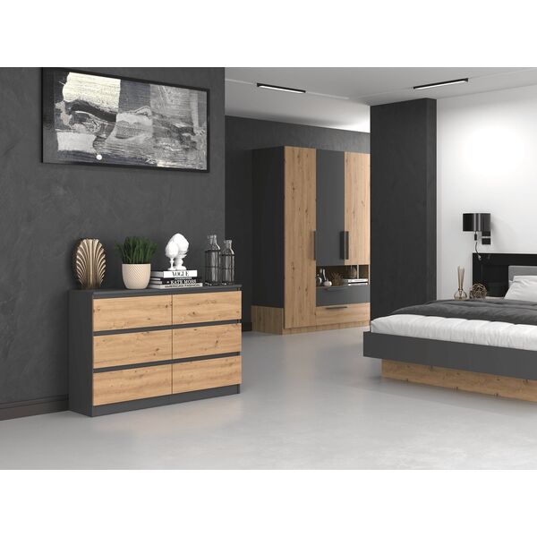 Topeshop KOMODA MALWA 6 SZUFLAD M6 120 - ANTRACYT / DĄB ARTISAN