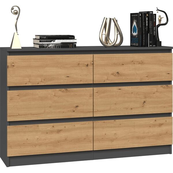 Topeshop KOMODA MALWA 6 SZUFLAD M6 120 - ANTRACYT / DĄB ARTISAN