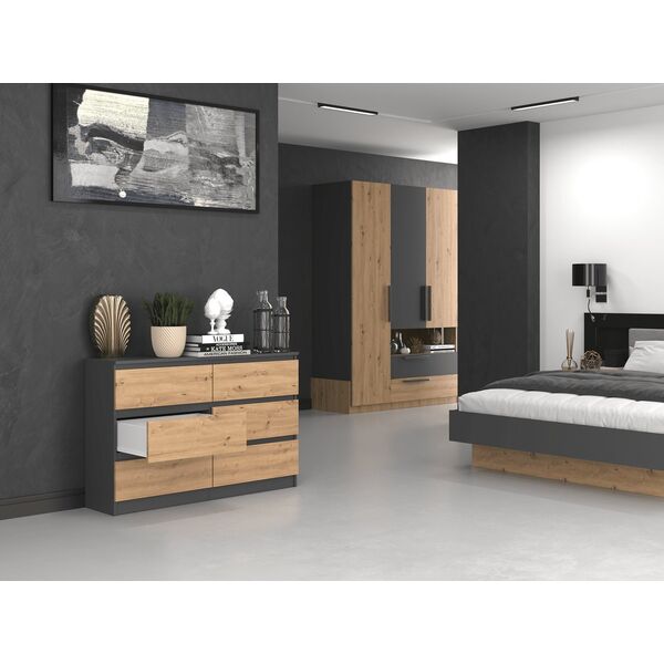 Topeshop KOMODA MALWA 6 SZUFLAD M6 120 - ANTRACYT / DĄB ARTISAN