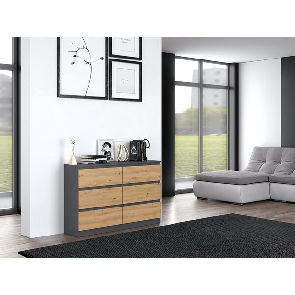 Topeshop KOMODA MALWA 6 SZUFLAD M6 120 - ANTRACYT / DĄB ARTISAN