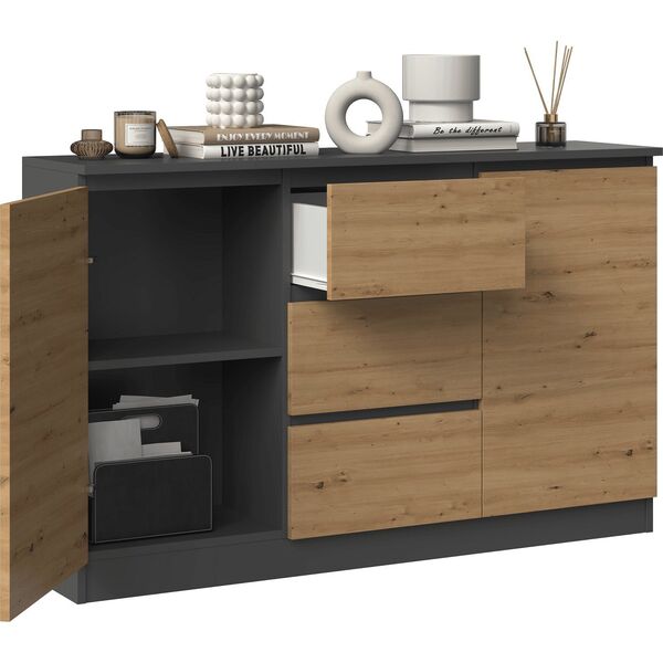 Topeshop KOMODA 2D3S 120CM 3 SZUFLADY 2 DRZWI ANTRACYT DĄB ARTISAN