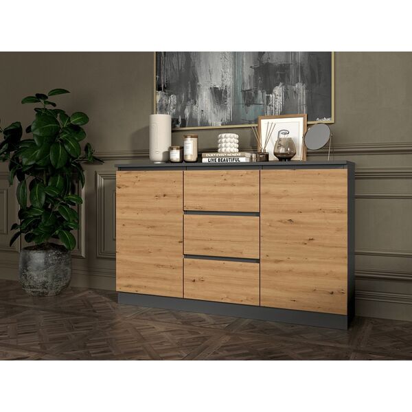 Topeshop KOMODA 2D3S 120CM 3 SZUFLADY 2 DRZWI ANTRACYT DĄB ARTISAN