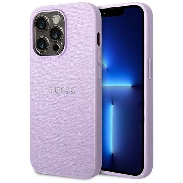 Guess Guess Saffiano Metal Logo Stripes - Etui iPhone 14 Pro Max (liliowy)