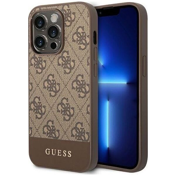 Guess Guess 4G Bottom Stripe Metal Logo Collection - Etui iPhone 14 Pro (brązowy)