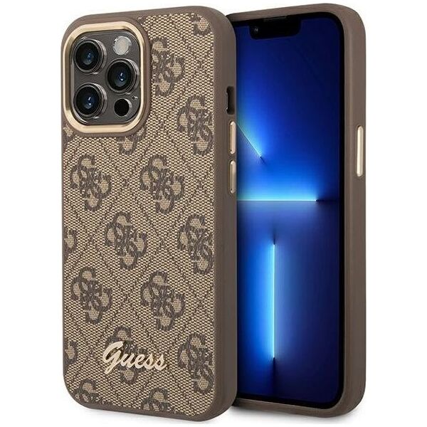 Guess Etui Guess do iPhone 14 Pro Max 6,7" brązowy/brown hard case 4G Vintage Gold Logo
