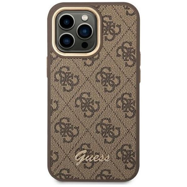 Guess Etui Guess do iPhone 14 Pro 6,1" brązowy/brown hard case 4G Vintage Gold Logo
