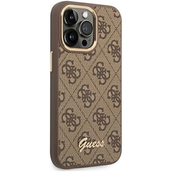 Guess Etui Guess do iPhone 14 Pro 6,1" brązowy/brown hard case 4G Vintage Gold Logo