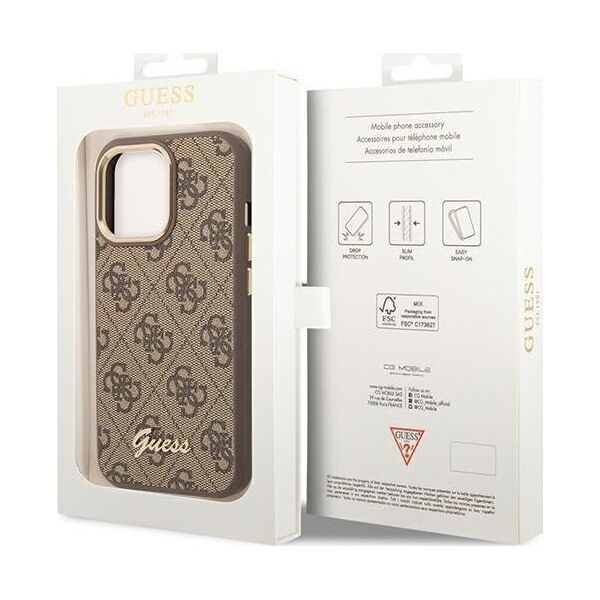 Guess Etui Guess do iPhone 14 Pro 6,1" brązowy/brown hard case 4G Vintage Gold Logo
