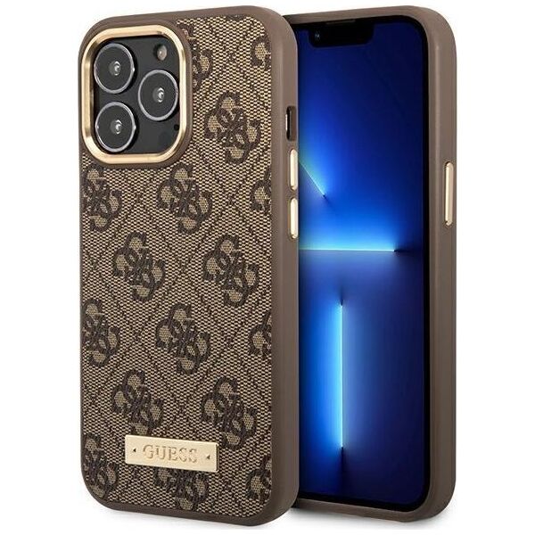 Guess Etui Guess do iPhone 14 Pro 6,1" brązowy/brown hard case 4G Logo Plate MagSafe