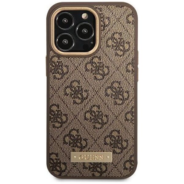 Guess Etui Guess do iPhone 14 Pro 6,1" brązowy/brown hard case 4G Logo Plate MagSafe