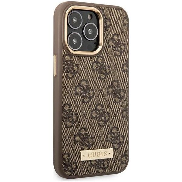 Guess Etui Guess do iPhone 14 Pro 6,1" brązowy/brown hard case 4G Logo Plate MagSafe