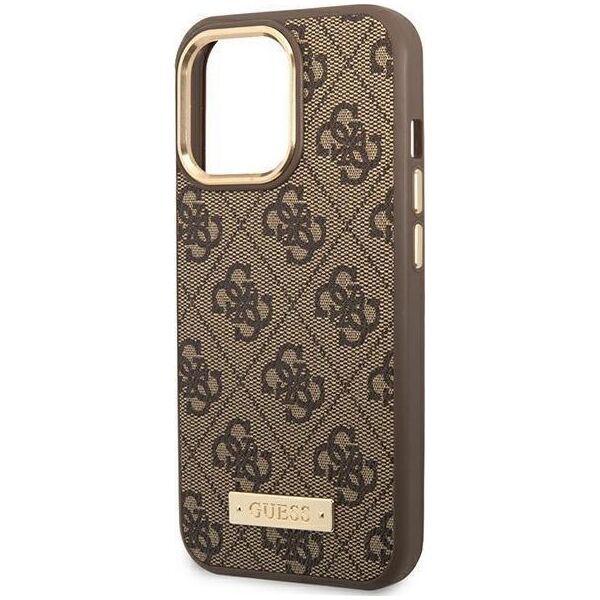 Guess Etui Guess do iPhone 14 Pro 6,1" brązowy/brown hard case 4G Logo Plate MagSafe