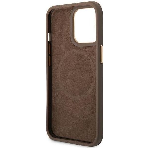 Guess Etui Guess do iPhone 14 Pro 6,1" brązowy/brown hard case 4G Logo Plate MagSafe