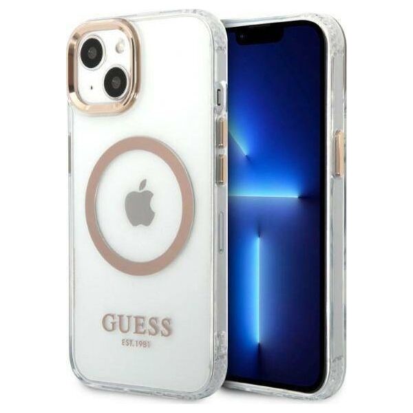 Guess Etui Guess do iPhone 13 6,1" złoty/gold hard case Metal Outline Magsafe
