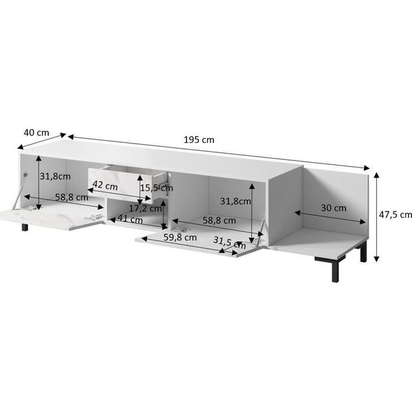 Cama Meble Szafka RTV MARMO 2D1S1K 195x40xH47,5 biały mat/marmur biały