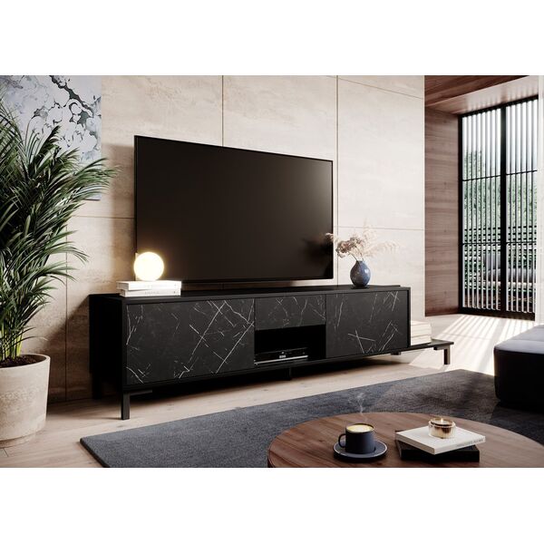 Cama Meble Szafka RTV MARMO 2D1S1K 195x40xH47,5 czarny mat/marmur czarny