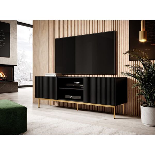Cama Meble Szafka RTV PAFOS na złotym stelażu ze stali 150x40x60 czarny mat