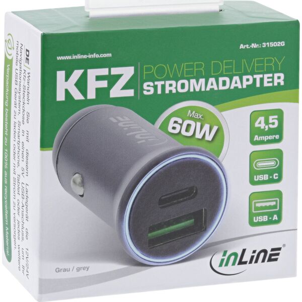 Ładowarka InLine InLine® USB car charger power-adapter power delivery, USB-A + USB Type-C, grey