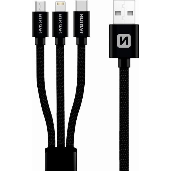 Kabel USB Swissten USB-A - USB-C + microUSB + Lightning 1.2 m Czarny (72501101)