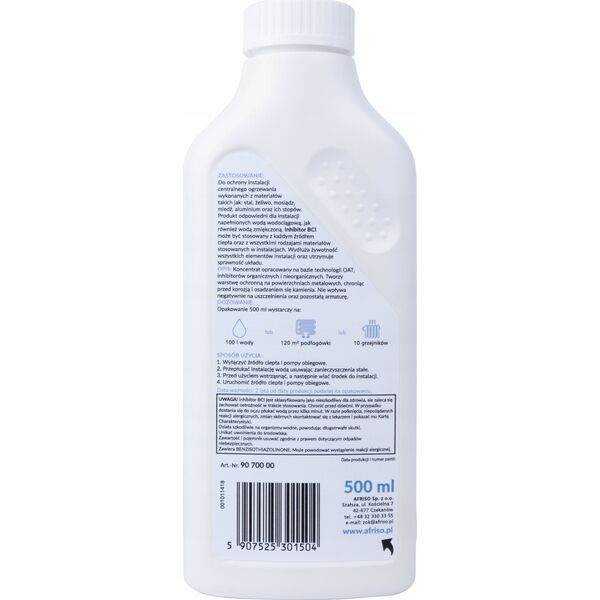 Afriso Inhibitor korozji BCI do instalacji grzewczych 500ml (wydajność 100 l wody lub 120m podłogówki lub 10 grzejników), data ważności 2 lata od daty produkcjiA
