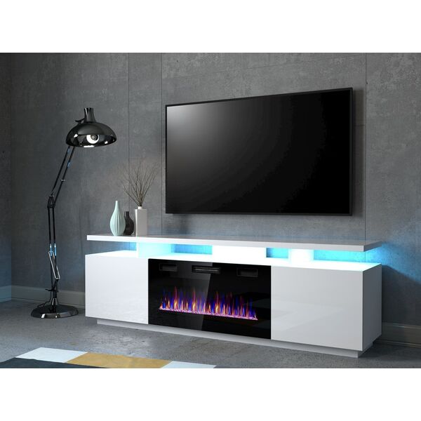 Cama Meble Szafka RTV EVA z kominkiem elektrycznym 180x40x52 biały/biały połysk